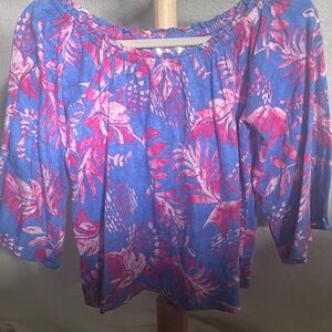 Tropical Floral Off-Shoulder Blouse - Blue and Pink